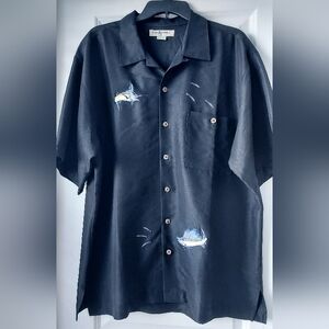 Hook & Tackle Button Up Shirt L Black Marlin Fisherman Short Sleeve Embroidery